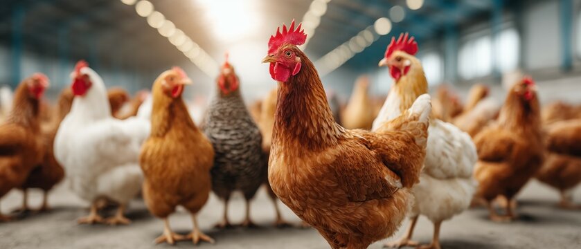 A large number of chickens in a farm, a wide shot of a chicken farm with a red-necked rooster pecking at grain.