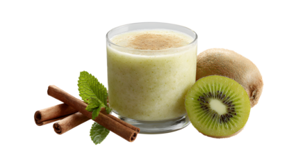 A blended kiwi smoothie with nutritious ingredients and cinnamon isolated on a white background