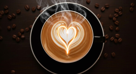 Steaming Latte Art Heart Shape Coffee Beans Close Up