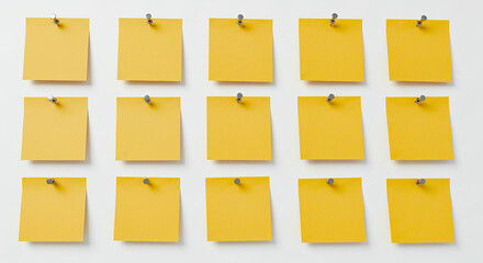A collection of yellow sticky notes arranged on a clean white wall.  ai generated