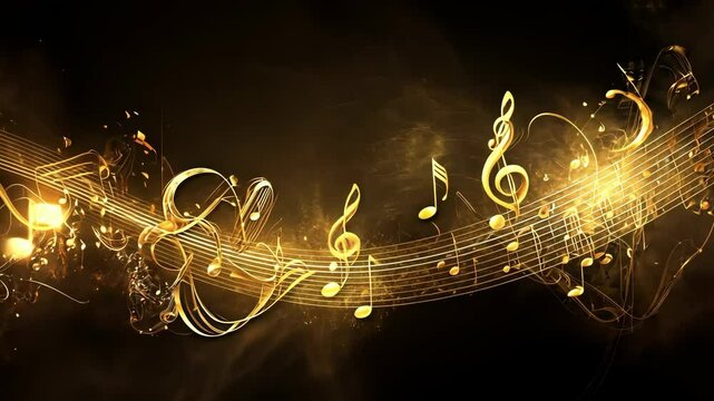 Music Energy Wave with Gold Notes Flowing Through Particles