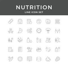 Nutrition Line Icon Set – Healthy, Diet, Food, Vitamin, Protein, Calorie, Wellness, Minimal Vector Collection