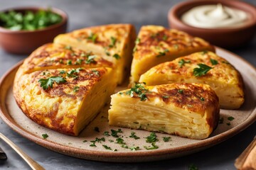 Close-up of a golden-brown tortilla espanola sliced into wedges, served on a rustic ceramic plate with a side of aioli and sprinkled with parsley.
