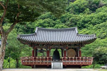 Obraz premium Korean traditional temple with Buddhist wooden buildings, traditional patterns of dancheong and roof tiles