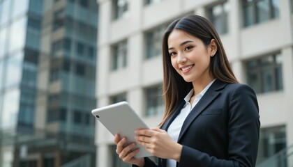 A smiling businesswoman uses a tablet in the city