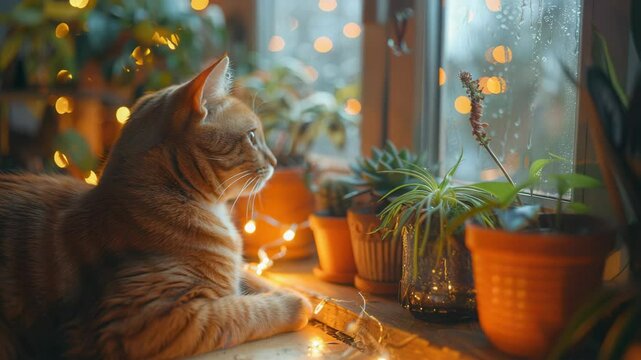 Orange tabby cat Felis catus gazing out window at night. Domestic cat sits on windowsill among potted plants and fairy lights.
