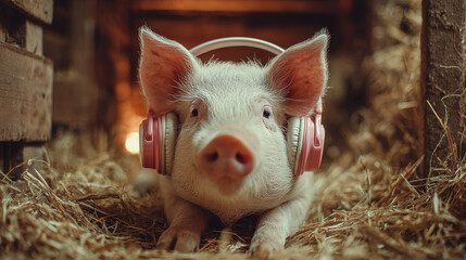 A pig wearing headphones relaxes in straw, blending humor with animal charm.