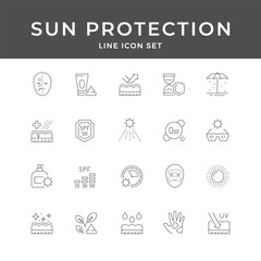 Sun Protection Line Icon Set – SPF, Sunscreen, UV, Skin, Summer, Care, Lotion, Minimal Vector Collection