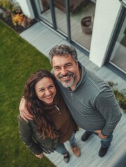 A happy couple in front of their new home, posing for the camera with a smiling real estate agent.
