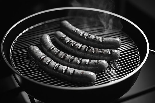 A pan of grilled bratwursts on a barbecue grill