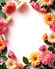 Obraz premium Colorful flower border with dahlia and chrysanthemum blossoms on soft pink background, arranged for advertisement layout with central copy space, ideal for beauty, wedding, or spring product branding