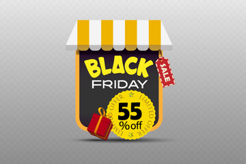 Black Friday sale label with striped awning, discount badge and gift box for shopping and seasonal promotion