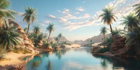 Fototapeta premium Oasis River Valley at Sunrise