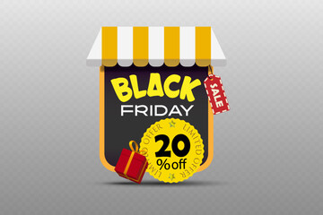 Black Friday sale label with striped awning, discount badge and gift box for shopping and seasonal promotion