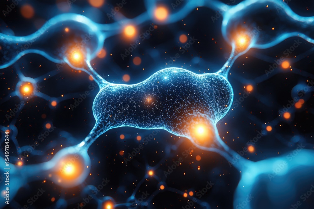 Poster abstract neural network visualization glowing blue and orange nodes