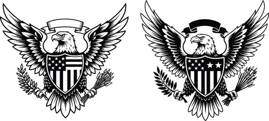 Obraz premium American Eagle Featuring Shield with Stars and Stripes, Banner, and Arrows