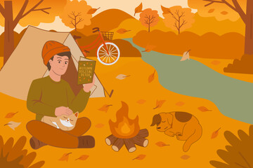 Man's Autumn Digital Detox Camping with Pets by the River