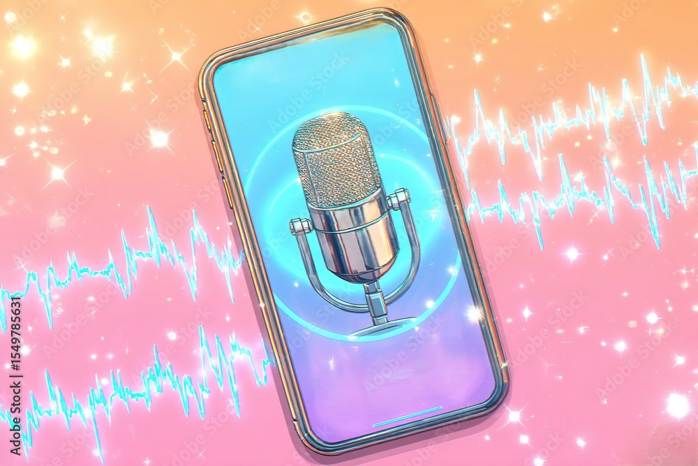 Poster digital microphone display on smartphone with soundwave visuals showcasing audio technology and crea