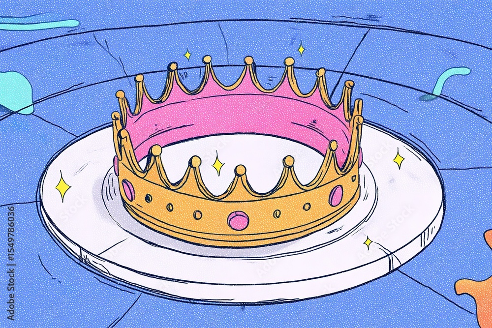 Poster brightly colored crown displayed on a pedestal against a playful background in an artistic setting