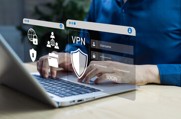 VPN technology concept. Businessman establishing a secure, encrypted Virtual Private Network...
