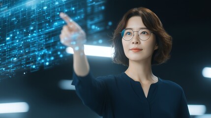 A female data scientist of East Asian descent intently analyzes a complex, glowing blue 3D data hologram floating above her tablet in a modern, minimalist office.