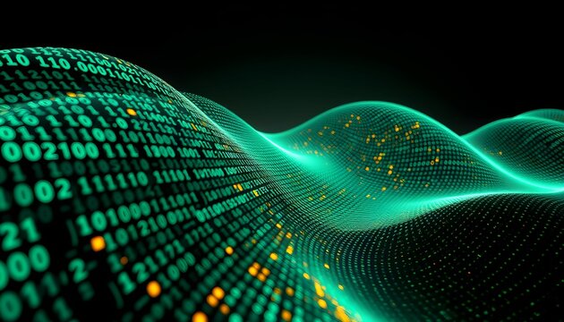 Abstract digital wave pattern of binary code with glowing teal and gold accents.