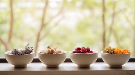 Neatly arranged white ceramic bowls on wooden surface with dried lavender, fluffy flowers, red rosebuds, orange petals, and serene green foliage background.