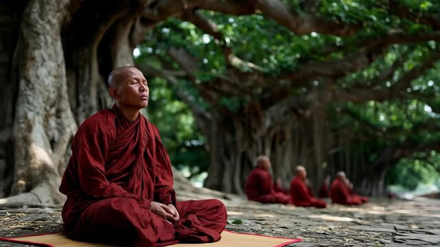 A group of Buddhist monks meditates peacefully in a lush green grove, surrounded by nature. A serene scene reflecting spirituality and mindfulness.

