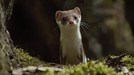 Small mammal stands alert in woodland environment.