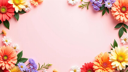 Obraz premium Colorful flower border with dahlia and chrysanthemum blossoms on soft pink background, arranged for advertisement layout with central copy space, ideal for beauty, wedding, or spring product branding