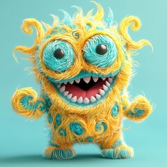 Fototapeta premium Joyful monster with pastel yellow and turquoise fur in swirly patterns