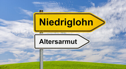 Zwei Wegweiser zeigen in die gleiche Richtung mit der Aufschrift Niedriglohn und Altersarmut