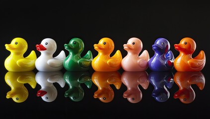 Colorful rubber ducks in a row, mirrored on black surface