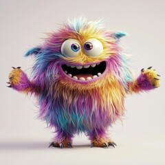 Lovable furry monster with multicolor wavy fur and cute chubby arms