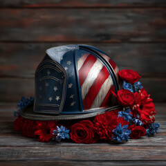 American flag backdrop firefighter helmet Patriot Day wreath. Red white blue flowers symbolize honour remembrance freedom. USA national holiday fallen heroes memorial arrangement.
