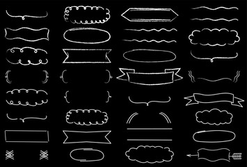 Hand-drawn white chalk frames and dividers set on the black background. Collection of doodle style borders, arrows, curly brackets, banners, and clouds. Ideal for scrapbooking, note design