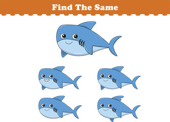 Funny cartoon shark. Find same pictures. Educational game for children. Cartoon vector illustration