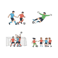 set of vector people play football soccer . Illustrations of people. run , practice, gym isolated object flat style 2D