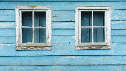 Fototapeta premium Two weathered windows on a light-blue wooden wall