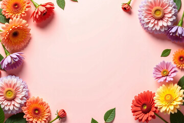 Obraz premium Colorful flower border with dahlia and chrysanthemum blossoms on soft pink background, arranged for advertisement layout with central copy space, ideal for beauty, wedding, or spring product branding
