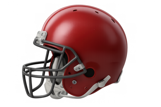 Red football helmet with face mask ensuring safety during intense gameplay, isolated on transparent background