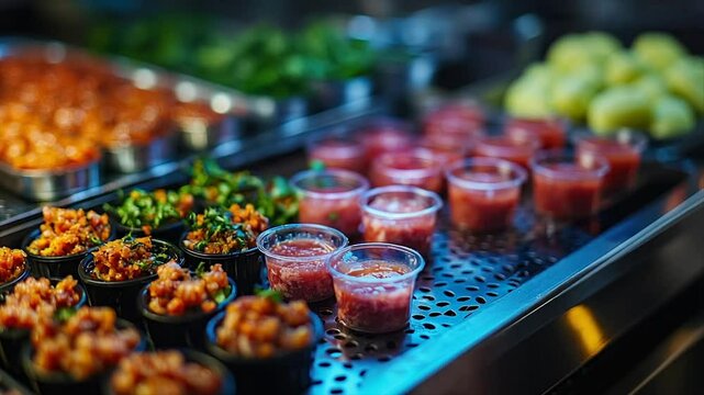 Assorted small dishes of prepared meats and herbs. A hand in a glove places a portion of meat into a small cup.  A selection of appetizers, possibly for sale at a market or food stall