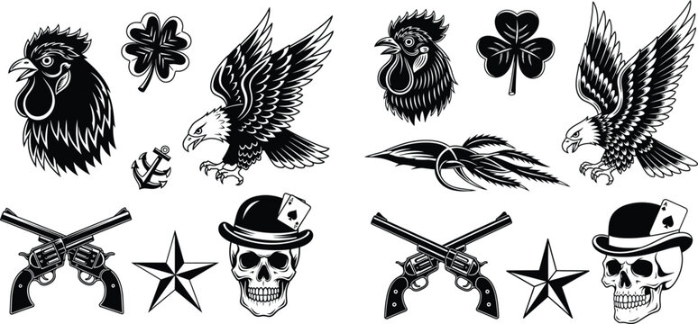 Collection of Tattoo Style Graphics Eagle, Rooster, Revolvers, Skull, Clover, Anchor, and Star