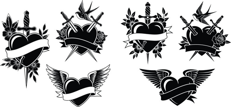 Collection of Tattoo Designs Featuring Hearts, Swords, Banners, Wings, Flowers and Bird