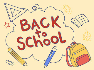 Back to school concept illustration with a modern flat design.  surrounded by school-related doodles. Bright, cheerful, and academic theme