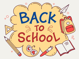 Back to school concept illustration with a modern flat design.  surrounded by school-related doodles. Bright, cheerful, and academic theme
