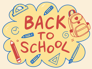 Back to school concept illustration with a modern flat design.  surrounded by school-related doodles. Bright, cheerful, and academic theme