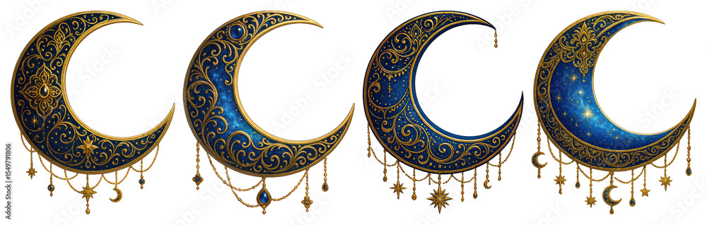 Poster png elegant crescent moons with patterns, element set on transparent background
