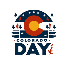 Fototapeta premium Colorado Day Graphic – Bold Typography with Mountain and Sun Design in State Colors insolate on a white background