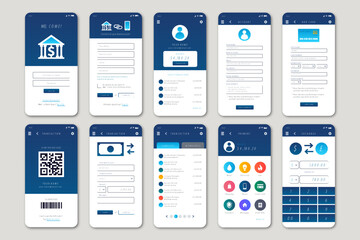 Advanced Banking App Interface Design Displayed on Smartphone Screen. Templates for Online Banking: A collection featuring financial management, credit card services, payments, and banking features.